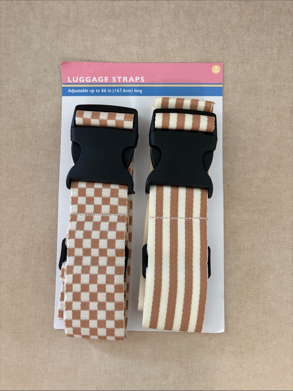 Set of 2 Adjustable Luggage Straps - Beige & White Check and Stripe